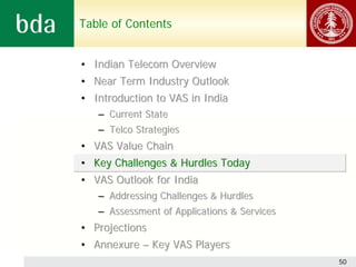 Table of Contents


• Indian Telecom Overview
• Near Term Industry Outlook
• Introduction to VAS in India
   – Current State
   – Telco Strategies
• VAS Value Chain
• Key Challenges & Hurdles Today
• VAS Outlook for India
   – Addressing Challenges & Hurdles
   – Assessment of Applications & Services
• Projections
• Annexure – Key VAS Players
                                             50
 