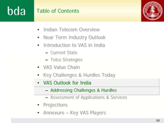 Table of Contents


• Indian Telecom Overview
• Near Term Industry Outlook
• Introduction to VAS in India
   – Current State
   – Telco Strategies
• VAS Value Chain
• Key Challenges & Hurdles Today
• VAS Outlook for India
   – Addressing Challenges & Hurdles
   – Assessment of Applications & Services
• Projections
• Annexure – Key VAS Players
                                             59
 