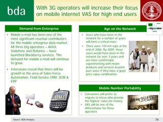 With 3G operators will increase their focus
                           on mobile internet VAS for high end users

        •Demand from Enterprise                             •Age on the Network       Operator

• Mobile e-mail has been one of the           • Users who have been in the
  most significant revenue contributors         network for a number of years
  for the mobile enterprise data market.        will form a critical mass
  All three big operators – Airtel,           • There were 149 mn subs at the
                                                end of 2006. By 2009, these
  Vodafone and Reliance – have
                                                users would have been in the
  launched Blackberry services. The             network for over 3 years and
  demand for mobile e-mail will continue        are more comfortable
  to grow                                       experimenting with newer
                                                products and services beyond
• Interviews reveal that there will be          pure voice if they have a good
  growth in the area of Sales Force             price value combination
  Automation, Field Service CRM, SCM &
  ERP

                                                         •Mobile Number Portability
                                             • Consumers will prefer to
                                               migrate to telcos who provide
                                               the highest ‘value-for-money’
                                             • VAS will be one of the
                                               differentiator for these
                                               operators

    Source: BDA Analysis                                                                 74
 