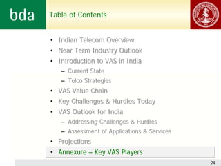 Table of Contents


• Indian Telecom Overview
• Near Term Industry Outlook
• Introduction to VAS in India
   – Current State
   – Telco Strategies
• VAS Value Chain
• Key Challenges & Hurdles Today
• VAS Outlook for India
   – Addressing Challenges & Hurdles
   – Assessment of Applications & Services
• Projections
• Annexure – Key VAS Players
                                             94
 