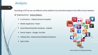 Analysis
According to STP we can use different online platforms for promotion based on the traffic of each websites.
 Targeting Sector - Online Platform
 E-commerce – Flipkart,Amazon,Snapdeal
 Mobile Application- Paytm
 Social Networking Site-Facebook , LinkedIn
 Search Engine – Google, YouTube
 Holiday Sites- makemytrip,holidayIQ,Tripadvisor
 Sports Sites
Online Platform for Digital Marketing
6
 