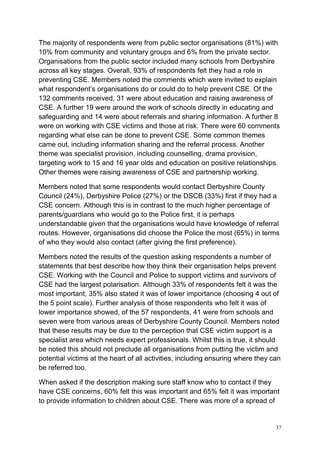 37
The majority of respondents were from public sector organisations (81%) with
10% from community and voluntary groups and 6% from the private sector.
Organisations from the public sector included many schools from Derbyshire
across all key stages. Overall, 93% of respondents felt they had a role in
preventing CSE. Members noted the comments which were invited to explain
what respondent’s organisations do or could do to help prevent CSE. Of the
132 comments received, 31 were about education and raising awareness of
CSE. A further 19 were around the work of schools directly in educating and
safeguarding and 14 were about referrals and sharing information. A further 8
were on working with CSE victims and those at risk. There were 60 comments
regarding what else can be done to prevent CSE. Some common themes
came out, including information sharing and the referral process. Another
theme was specialist provision, including counselling, drama provision,
targeting work to 15 and 16 year olds and education on positive relationships.
Other themes were raising awareness of CSE and partnership working.
Members noted that some respondents would contact Derbyshire County
Council (24%), Derbyshire Police (27%) or the DSCB (33%) first if they had a
CSE concern. Although this is in contrast to the much higher percentage of
parents/guardians who would go to the Police first, it is perhaps
understandable given that the organisations would have knowledge of referral
routes. However, organisations did choose the Police the most (65%) in terms
of who they would also contact (after giving the first preference).
Members noted the results of the question asking respondents a number of
statements that best describe how they think their organisation helps prevent
CSE. Working with the Council and Police to support victims and survivors of
CSE had the largest polarisation. Although 33% of respondents felt it was the
most important, 35% also stated it was of lower importance (choosing 4 out of
the 5 point scale). Further analysis of those respondents who felt it was of
lower importance showed, of the 57 respondents, 41 were from schools and
seven were from various areas of Derbyshire County Council. Members noted
that these results may be due to the perception that CSE victim support is a
specialist area which needs expert professionals. Whilst this is true, it should
be noted this should not preclude all organisations from putting the victim and
potential victims at the heart of all activities, including ensuring where they can
be referred too.
When asked if the description making sure staff know who to contact if they
have CSE concerns, 60% felt this was important and 65% felt it was important
to provide information to children about CSE. There was more of a spread of
 