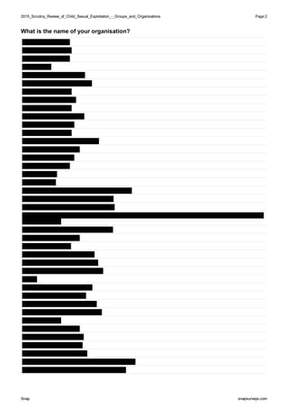 2015_Scrutiny_Review_of_Child_Sexual_Exploitation_-_Groups_and_Organisations2015_Scrutiny_Review_of_Child_Sexual_Exploitation_-_Groups_and_Organisations Page:2
SnapSnap snapsurveys.comsnapsurveys.com
What is the name of your organisation?
 