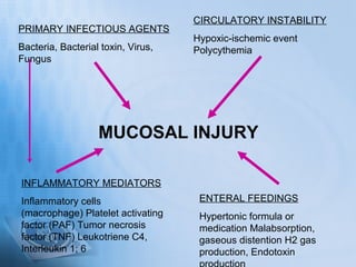 CIRCULATORY INSTABILITY
PRIMARY INFECTIOUS AGENTS
                                    Hypoxic-ischemic event
Bacteria, Bacterial toxin, Virus,   Polycythemia
Fungus




                   MUCOSAL INJURY

INFLAMMATORY MEDIATORS
Inflammatory cells                   ENTERAL FEEDINGS
(macrophage) Platelet activating     Hypertonic formula or
factor (PAF) Tumor necrosis          medication Malabsorption,
factor (TNF) Leukotriene C4,         gaseous distention H2 gas
Interleukin 1; 6                     production, Endotoxin
 