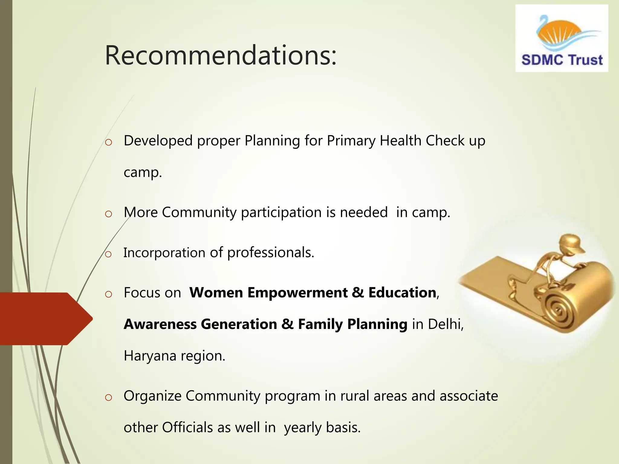 Recommendations:
o Developed proper Planning for Primary Health Check up
camp.
o More Community participation is needed in camp.
o Incorporation of professionals.
o Focus on Women Empowerment & Education,
Awareness Generation & Family Planning in Delhi,
Haryana region.
o Organize Community program in rural areas and associate
other Officials as well in yearly basis.
 