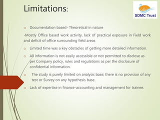 Limitations:
o Documentation based- Theoretical in nature
-Mostly Office based work activity, lack of practical exposure in Field work
and deficit of office surrounding field areas
o Limited time was a key obstacles of getting more detailed information.
o All information is not easily accessible or not permitted to disclose as
per Company policy, rules and regulations as per the disclosure of
confidential information.
o The study is purely limited on analysis base; there is no provision of any
test or Survey on any hypothesis base.
o Lack of expertise in finance-accounting and management for trainee.
 