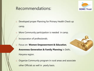 Recommendations:
o Developed proper Planning for Primary Health Check up
camp.
o More Community participation is needed in camp.
o Incorporation of professionals.
o Focus on Women Empowerment & Education,
Awareness Generation & Family Planning in Delhi,
Haryana region.
o Organize Community program in rural areas and associate
other Officials as well in yearly basis.
 