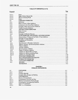 AMCP 706-123
TABLE OF CONTENTS (cont'd)
Paragraph Pa
8e
5-2.3.1 Esters 5-2
5-2.3.2 Highly Refined Mineral Oils 5-3
5-2.3.3 Silicon-containing Fluids 5-3
5-2.3.4 Ethers 5-3
5-3 CORROSION INHIBITORS 5-4
5-3.1 Definitions 5-4
5-3.2 Mode of Action of Rust Inhibitors 5-4
5-3.3 Limitations in the Use of Rust Inhibitors 5-4
5-3.4 Examples of Rust and Corrosion Inhibitors 5-5
5-3.5 Volatile Corrosion Inhibitors 5-5
5-4 VISCOSITY INDEX IMPROVERS 5-6
5-4.1 Mode of Action 5-6
5-4.2 Limitations 5-6
5-4.3 Examples of Effective Polymers 5-6
5-5 FOAM INHIBITORS, EMULSIFIERS, AND DEMULSIFIERS 5-7
5-5.1 Characteristics of Foams and the Mode of Foam Inhibition 5-7
5-5.2 Examples of Foam Inhibitors 5-7
5-5.3 Emulsifiers and Demulsifiers 5-8
5-6. LUBRICITY 5-8
5-6.1 Hydrodynamic vs Boundary Lubrication 5-8
5-6.2 Oiliness, Antiwear, and Extreme-pressure Additives 5-8
5-6.2.1 Oiliness Additives 5-8
5-6.2.2 Antiwear Additives 5-9
5-6.2.3 Extreme-pressure Additives 5-9
5-6.3 Classes of Lubricity Additives 5-9
5-6.3.1 Additives for Mineral Oils and Esters 5-9
5-6.3.2 Additives for Silicon-containing Fluids 5-9
5-6.3.3 Additives for Aryl Ether Fluids 5-10
5-7 POURPOINTDEPRESSANTS 5-10
5-8 SEAL DEGRADATION RETARDANTS 5-10
5-9 HYDROLYTIC INHIBITORS 5-10
5-10 CAVITATION INHIBITORS 5-11
5-11 BIOCIDES 5-11
REFERENCES 5-11
CHAPTER 6
STORAGE AND HANDLING
6-1 CONTAINERS 6-1
6-1.1 General 6-1
6-1.2 Container Materials 6-1
6-1.3 Container Sizes, Storage, and Marking 6-1
6-2 CONTAMINANTS 6-3
6-2.1 Sources of Contamination 6-3
6-2.1.1 Contamination from Lint and Dust 6-3
6-2.1.2 Moisture Contamination During Storage 6-3
6-2.1.3 Contamination Accompanying Additives 6-3
6i2.2 Types of Contaminants 6-5
6-2.2.1 Water As a Contaminant 6-5
 