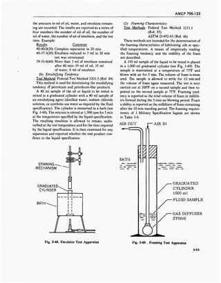 AMCP 706-123
the amounts in ml of oil, water, and emulsion remain-
ing are recorded. The results are reported as a series of
four numbers-the number of ml of oil, the number of
ml of water, the number of ml of emulsion, and the test
time. Example:
Results Comment
40-40-0(20) Complete separation in 20 min
40-37-3(20) Emulsion reduced to 3 ml in 30 min
test was terminated
39-35-6(60) More than 3 ml of emulsion remained
after 60 min-39 ml of oil, 35 ml
of water, 6 ml of emulsion
(b) Emulsifying Tendency:
Test Method: Federal Test Method 3201.5 (Ref. 84)
This method is used for determining the emulsifying
tendency oT petroleum and petroleum-like products.
A 40 ml sample of the oil or liquid to be tested is
mixed in a graduated cylinder with a 40 ml sample of
an emulsifying agent (distilled water, sodium chloride
solution, or synthetic sea water as required by the fluid
specification). The cylinder is immersed in a bath (see
Fig. 3-48). The mixture is stirred at 1,500 rpm for 5 min
at the temperature specified by the liquid specification.
The resulting emulsion is allowed to remain undis-
turbed at the test temperature and for the time required
by the liquid specification. It is then examined for any
separation and reported whether the end product con-
firms to the liquid specification.
BATH
STIRRING-
MECHANISM
GRADUATED
CYLINDER
(2) Foaming Characteristics:
Test Methods: Federal Test Method 3211.3
(Ref. 85)
ASTM D-892-63 (Ref. 86)
These methods are intended for the determination of
the foaming characterisitcs of lubricating oils at spec-
ified temperatures. A means of empirically reading
the foaming tendency and the stability of the foam
are described.
A 190 ml sample of the liquid to be tested is placed
in a 1,000 ml graduated cylinder (see Fig. 3-49). The
sample is maintained at a temperature of 75T and
blown with air for 5 min. The volume of foam is meas-
ured. The sample is allowed to settle for 10 min and
the volume of foam again measured. The test is next
carried out at 200°F on a second sample and then re-
peated on the second sample at 75°F. Foaming tend-
ency is reported as the total volume of foam in millilit-
ers formed during the 5-min air blowing period. Foam
stability is reported as the milliliters of foam remaining
after the 10 min standing period. The foaming require-
ments of 3 Military Specification liquids are shown
in Table 3-6.
AIR OUT
BATH
rAIR IN
^/.
ol
GRADUATED
CYLINDER
1000 ml
FLUID SAMPLE
GAS DIFFUSER
STONE
Fig. 3-48. Emulsion Test Apparatus Fig. 3-49 . Foaming Test Apparatus
3-53
 