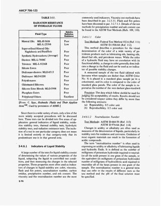 AMCP 706-123
TABLE 3-11.
RADIATION RESISTANCE
OF HYDRAULIC FLUIDS
Fluid Type
Relative
Radiation
Resistance
Mineral Oüs: MIL-H-5606 Poor
MIL-L-25598 Low
Super-refined Mineral Oils:
Naphthenic and Paraffmic Poor
Synthetic Hydrocarbons (Average) Poor
Diesters: MIL-L-7808C Poor
Triesters: MIL-L-9236B Poor
Silicate Esters Poor
Disiloxane-diesters: MLO-8515 Poor
Disiloxane: MLO-8200 Poor
Polysiloxanes Poor
Chlorinated Silicones Poor
Silicone Ester Blends: MLO-5998 Poor
Phosphate Esters Poor
Polyphenyl Ethers Excellent
[From: C. Spar, Hydraulic Fluids and Their Applica-
tions^60
. Used by permission of ASME.]
Since there is a wide variety of tests, only a few of the
more widely accepted procedures will be discussed
here. These tests can be divided into five areas of ap-
plication: general indicators of liquid stability, oxida-
tion stability tests, thermal stability tests, hydrolytic
stability tests, and radiation resistance tests. The inclu-
sion of a test in one particular category does not mean
it is limited entirely to that category-only that its
predominant use is in that general area.
3-4.6.1 Indicators of Liquid Stability
A large number ofthe tests for liquid stability consist
of determining the values of various properties of the
liquid, subjecting the liquid to controlled test condi-
tions, and then measuring the changes in the selected
properties. Those properties most often used as indica-
tors of changes in liquid stability are: color, viscosity,
flash and fire points, neutralization number, carbon
residue, precipitation number, and ash content. The
viscosity and the neutralization number are the most
commonly used indicators. Viscosity test methods have
been described in par. 3-2.1.11. Flash and fire points
have been discussed in par. 3-2.7.1.1. Details of the test
methods for precipitation number and ash content can
be found in the ASTM Test Methods (Refs. 109, 110).
3-4.6.1.1 Color
Test Methods: Federal Test Method 102.6 (Ref. 111)
ASTM D-1500-64 (Ref. 112)
This method describes a procedure for the visual
determination of the color of a wide variety of pe-
troleum products such as lubricating oils, heating oils,
diesel fuel oils, and petroleum waxes. While the color
of a hydraulic fluid may have no correlation with its
functional ability, a change in color generally does indi-
cate a change in the fluid and can be used as an indica-
tor of possible stability changes.
A measured sample of the test fluid (diluted with
kerosene when samples are darker than ASTM Color
No. 8) is placed in a standard glass sample jar in a
colorimeter, and its color is compared to the color of
standard glass panels. The color of the sample is re-
ported as the numberof the next darkest glass standard.
Precision: The data which follow should be used for
judging the acceptability of results. Results should not
be considered suspect unless they differ by more than
the following amounts:
(a) Repeatability. 0.5 color unit
(b) Reproducibility. 0.5 color unit
3-4.6.1.2 Neutralization Number
Test Methods: ASTM D-664-58 (Ref. 113)
ASTM D-974-64 (Ref. 114)
Changes in acidity or alkalinity are often used as
measures of the deterioration of liquids, particularly in
stability tests for oxidation and corrosion. Oxidation of
most organic materials can result in the formation of
acidic compounds.
The term "neutralization number" is often used in
expressing an acidity or alkalinity of lubricating liquids
and hydraulic fluids. It is defined as the number of
milligrams of potassium hydroxide required to neutral-
ize all the acids present in one gram of the sample, or
the equivalent (in milligrams of potassium hydroxide)
number of milligrams of hydrochloric acid required to
neutralize all of the bases present in one gram of the
sample. The neutralization number is a general term
that can refer to the results of different tests so the
test method and the pH of the final solution must
be specified.
3-70
 