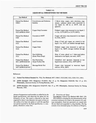 AMCP 706-123
TABLE 3-12.
LIQUID-METAL CORROSIVENESS TEST METHODS
Test Method Title Procedure
Federal Test Method Corrosiveness and Oxidation 5 Metal strips—copper, steel, aluminum, mag-
5308.5 Stability nesium, cadmium plated steel,—immersed in
test liquid for 168 hr at 250 °F, with air
agitation.
Federal Test Method Copper Strip Corrosion Polished copper strip immersed in test liquid 2
5325 ASTMD-130-65 to 3 hr, 122°F(50°C) or 212°F (100°C).
Federal Test Method Corrosion at 450°F Copper and silver strip immersed in test liquid
5305 for50hr,450°F.
Federal Test Method Lead Corrosion Strips of lead and copper are rotated in test
5321 liquid 1 hr, 325°F, air bubbled through liquid.
Federal Test Method Copper Stain Polished copper strip immersed in used test
5324 liquid 3 hr, 300°F; nitrogen bubbled through
liquid.
Federal Test Method Rust Inhibiting Drop of water placed on 3 sheet-steel plates
5311 (Static Water Drop) immersed in test liquid, one week, 140°F.
Federal Test Method Rust Preventing- Cylindrical steei specimen immersed in test
4011 ASTMD-665-60 Steam Turbine Oils liquid-water mixture, 24 hr, 140°F'(60°C)
Federal Test Method Beverage Bottle Test Copper strip immersed in water-test liquid
3457 ASTM D-2619-67 mixture, 48 hr, 200°F.
References:
(1) Federal Test Method Standard No. 791a, Test Methods 3457, 5308.5, 5325,5305, 5321, 5324,5311,4011.
(2) ASTM Standards 1967, Designation D-130-65, Part 17, p. 82; Designation D-665-60, Part 17, p. 253;
Philadelphia, American Society for Testing Materials, 1967.
(3) ASTM Standards 1969, Designation D-2619-67, Part 17, p. 997; Philadelphia, American Society for Testing
Materials, 1969.
ditions oftemperature and humidity as called for by the
liquid specifications, and observing the plates for the
formation of rust. The result is reported as the time
required for three 1-mm diameter rust spots to form on
the surface of at least two plates or until the specified
test period required by the fluid specification is com -
pleted, whichever comes first.
(2) Protection-salt Spray
Test Method: Federal Test Method 4001 (Ref. 129)
This method is intended for the determination of the
corrosion resistance of a fluid in the presence of a salt-
type atmosphere. Steel test specimens are coated with
the test fluid and suspended in a fog chamber. The fog
consists of an atomized spray of a solution of 20 parts,
3-77
 