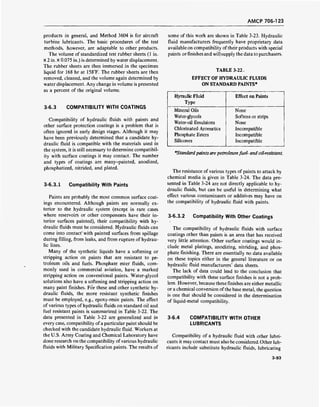 AMCP 706-123
products in general, and Method 3604 is for aircraft
turbine lubricants. The basic procedures of the test
methods, however, are adaptable to other products.
The volume of standardized test rubber sheets (1 in.
X 2 in. X 0.075 in.) is determined by water displacement.
The rubber sheets are then immersed in the specimen
liquid for 168 hr at 158°F. The rubber sheets are then
removed, cleaned, and the volume again determined by
water displacement. Any change in volume is presented
as a percent of the original volume.
3-6.3 COMPATIBILITY WITH COATINGS
Compatibility of hydraulic fluids with paints and
other surface protection coatings is a problem that is
often ignored in early design stages. Although it may
have been previously determined that a candidate hy-
draulic fluid is compatible with the materials used in
the system, it is still necessary to determine compatibil-
ity with surface coatings it may contact. The number
and types of coatings are many-painted, anodized,
phosphatized, nitrided, and plated.
3-6.3.1 Compatibility With Paints
Paints are probably the most common surface coat-
ings encountered. Although paints are normally ex-
terior to the hydraulic system (except in rare cases
where reservoirs or other components have their in-
terior surfaces painted), their compatibility with hy-
draulic fluids must be considered. Hydraulic fluids can
come into contact'with painted surfaces from spillage
during filling, from leaks, and from rupture of hydrau-
lic lines.
Many of the synthetic liquids have a softening or
stripping action on paints that are resistant to pe-
troleum oils and fuels. Phosphate ester fluids, com-
monly used in commercial aviation, have a marked
stripping" action on conventional paints. Water-glycol
solutions also have a softening and stripping action on
many paint finishes. For these and other synthetic hy-
draulic fluids, the more resistant synthetic finishes
must be employed, e.g., epoxy-resin paints. The effect
of various types of hydraulic fluids on standard oil and
fuel resistant paints is summarized in Table 3-22. The
data presented in Table 3-22 are generalized and in
every case, compatibility of a particular paint should be
checked with the candidate hydraulic fluid. Workers at
the U.S. Army Coating and Chemical Laboratory have
done research on the compatibility of various hydraulic
fluids with Military Specification paints. The results of
some of this work are shown in Table 3-23. Hydraulic
fluid manufacturers frequently have proprietary data
available on compatibility of their products with special
paints or finishes and will supply the data to purchasers.
TABLE 3-22.
EFFECT OF HYDRAULIC FLUIDS
ON STANDARD PAINTS*
Hyraulic Fluid Effect on Paints
Type
Mineral Oils None
Water-glycols Softens or strips
Water-oil Emulsions None
Chlorinated Aromatics Incompatible
Phosphate Esters Incompatible
Silicones Incompatible
*Standard paints are petroleum fuel- and oil-resistant.
The resistance of various types of paints to attack by
chemical media is given in Table 3-24. The data pre-
sented in Table 3-24 are not directly applicable to hy-
draulic fluids, but can be useful in determining what
effect various contaminants or additives may have on
the compatibility of hydraulic fluid with paints.
3-6.3.2 Compatibility With Other Coatings
The compatibility of hydraulic fluids with surface
coatings other than paints is an area that has received
very little attention. Other surface coatings would in-
clude metal platings, anodizing, nitriding, and phos-
phate finishing. There are essentially no data available
on these topics either in the general literature or on
hydraulic fluid manufacturers' data sheets.
The lack of data could lead to the conclusion that
compatibility with these surface finishes is not a prob-
lem. However, because these finishes are either metallic
or a chemical conversion ofthe base metal, the question
is one that should be considered in the determination
of liquid-metal compatibility.
3-6.4 COMPATIBILITY WITH OTHER
LUBRICANTS
Compatibility of a hydraulic fluid with other lubri-
cants it may contact must also be considered. Other lub-
ricants include substitute hydraulic fluids, lubricating
3-93
 