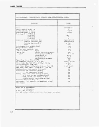 AMCP 706-123
MIL-H-L3866B(MR): HYDRAULIC FLUID, PETROLEUM BASE, ARTILLEHi RECOIL, SPECIAL
PROPERTIES VALUES
Color: Green (Clear)
Specific Gravity, 60/60, °F: 15
Pour/Cloud Points, °F (Max): -50/-40
Flash/Fire Points, °F (Min): 210/220
Viscosity, cSt: -40°F (Max) --
-30°F (Max) 4,400
100°F (Min) 55
210°F (Min) 15
Additives: Oxidation Inhibitors, $ wt Approval Req_'d
Corrosion Inhibitors, $ wt Approval Req'd
Viscosity Improvers, $ wt < 17.5
Others None
Neutralization No.: mg KOH/g (Max) 0.30
Precipitation No.: (Max) 0.05
Corr. and Oxid. Stability: Steel -0.20
168 hr at 212°F Copper -0.20
Max wt Chgt Pitting, Etch or Corr. at 20X None
mg/cm2
Viscosity Chg at 100°F, $ -5 to +20
Neutralization No. s 0.50
Precipitation No. g 0.05
Insoluble Mat'l or Gumming None
Copper Strip Corr.: 3 hr at 212°F NR
Low Temperature Stability: 72 hr at -30°F Nongel, No. Sep.
Rubber Swell: Type "L", 168 hr at 70°F, $ Vol Chg a 25.0
Dielectric Strength; kv/imn (Min) 15.0
Shear Stab.: (Pump); 100°F, Cycles to reduce Vise. 25$ > Ref. Fluid*
Corr. Prot.; (bare steel): 200 hr at 77°F, 100$ R.H. NR
Salt Water Corr.; (bare steel): 20 hr at 77$ NR
Distillation: 10$ Evaporation; °F (Min) NR
50$ Evaporation; °F (Min) NR
Foaming: 75°F, after 5.0 min blowing; ml (Max) NR
75°F, after 10.0 min settling; ml (Max) NR
200°F, after 5.0 min blowing, ml (Max) HR
200°F, after 10.0 min settling, ml (Max) NR
Recommended Temperature Range, °F : —
Service Perf.: (Oil Gear M3), Oil Temperature °F (Max) NR
Water Content:
Notes: NR, no requirements.
—, no information.
* R.I.A. Ref. Oil No. 1.
Use: Hydrosprings and bydropneumatic artillery recoil mecbani sms .
4-20
 