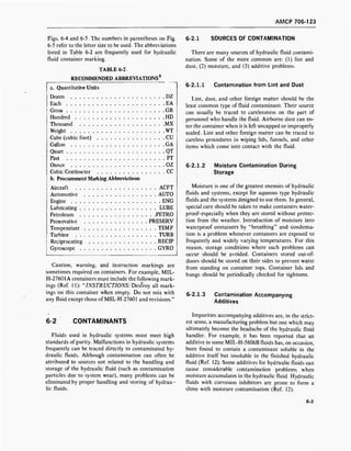 AMCP 706-123
Figs. 6-4 and 6-5. The numbers in parentheses on Fig.
6-5 refer to the letter size to be used. The abbreviations
listed in Table 6-2 are frequently used for hydraulic
fluid container marking.
TABLE 6-2.
RECOMMENDED ABBREVIATIONS5
a. Quantitative Units
Dozen DZ
Each EA
Gross GR
Hundred HD
Thousand MX
Weight WT
Cube (cubic foot) CU
Gallon GA
Quart QT
Pint PT
Ounce OZ
Cubic Centimeter CC
b. Procurement Marking Abbreviations
Aircraft ACFT
Automotive AUTO
Engine ENG
Lubricating LUBE
Petroleum PETRO
Preservative PRESERV
Temperature TEMP
Turbine TURB
Reciprocating RECIP
Gyroscope GYRO
Caution, warning, and instruction markings are
sometimes required on containers. For example, MIL-
H-27601A containers must include the following mark-
ings (Ref. 11): "INSTRUCTIONS: Destroy all mark-
ings on this container when empty. Do not mix with
any fluid except those of MIL-H-27601 and revisions."
6-2.1 SOURCES OF CONTAMINATION
There are many sources of hydraulic fluid contami-
nation. Some of the more common are: (1) lint and
dust, (2) moisture, and (3) additive problems.
6-2.1.1 Contamination from Lint and Dust
Lint, dust, and other foreign matter should be the
least common type of fluid contaminant. Their source
can usually be traced to carelessness on the part of
personnel who handle the fluid. Airborne dust can en-
ter the container when it is left uncapped or improperly
sealed. Lint and other foreign matter can be traced to
careless procedures in wiping lids, funnels, and other
items which come into contact with the fluid.
6-2.1.2 Moisture Contamination During
Storage
Moisture is one of the greatest enemies of hydraulic
fluids and systems, except for aqueous type hydraulic
fluids and the systems designed to use them. In general,
special care should be taken to make containers water-
proof-especially when they are stored without protec-
tion from the weather. Introduction of moisture into
waterproof containers by "breathing" and condensa-
tion is a problem whenever containers are exposed to
frequently and widely varying temperatures. For this
reason, storage conditions where such problems can
occur should be avoided. Containers stored out-of-
doors should be stored on their sides to prevent water
from standing on container tops. Container lids and
bungs should be periodically checked for tightness.
6-2.1.3 Contamination Accompanying
Additives
6-2 CONTAMINANTS
Fluids used in hydraulic systems must meet high
standards of purity. Malfunctions in hydraulic systems
frequently can be traced directly to contaminated hy-
draulic fluids. Although contamination can often be
attributed to sources not related to the handling and
storage of the hydraulic fluid (such as contamination
particles due to system wear), many problems can be
eliminated by proper handling and storing of hydrau -
lie fluids.
Impurities accompanying additives are, in the strict-
est sense, a manufacturing problem but one which may
ultimately become the headache of the hydraulic fluid
handler. For example, it has been reported that an
additive in some MIL-H-5606B fluids has, on occasion,
been found to contain a contaminant soluble in the
additive itself but insoluble in the finished hydraulic
fluid (Ref. 12). Some additives for hydraulic fluids can
cause considerable contamination problems when
moisture accumulates in the hydraulic fluid. Hydraulic
fluids with corrosion inhibitors are prone to form a
slime with moisture contamination (Ref. 12).
6-3
 