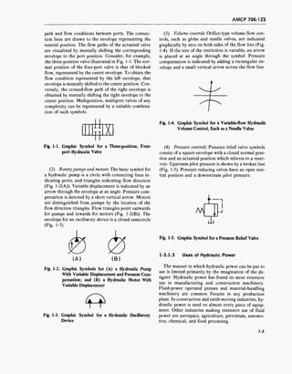 AMCP 706-123
path and flow conditions between ports. The connec-
tion lines are drawn to the envelope representing the
neutral position. The flow paths of the actuated valve
are visualized by mentally shifting the corresponding
envelope to the port position. Consider, for example,
the three-position valve illustrated in Fig. 1-1. The nor-
mal position of the four-port valve is that of blocked
flow, represented by the center envelope. To obtain the
flow condition represented by the left envelope, that
envelope is mentally shifted to the center position. Con-
versely, the crossed-flow path of the right envelope is
obtained by mentally shifting the right envelope to the
center position. Multiposition, multiport valves of any
complexity can be represented by a suitable combina-
tion of such symbols.
W
X
Fig. 1-1. Graphic Symbol for a Three-position, Four-
port Hydraulic Valve
(2) Rotary pumps and motors: The basic symbol for
a hydraulic pump is a circle with connecting lines in-
dicating ports, and triangles indicating flow direction
(Fig. 1-2(A)). Variable displacement is indicated by an
arrow through the envelope at an angle. Pressure com-
pensation is denoted by a short vertical arrow. Motors
are distinguished from pumps by the location of the
flow direction triangles. Flow triangles point outwards
for pumps and inwards for motors (Fig. 1-2(B)). The
envelope for an oscillatory device is a closed semicircle
(Fig. 1-3).
Fig. 1-2. Graphic Symbols for (A) a Hydraulic Pump
With Variable Displacement and Pressure Com-
pensation; and (B) a Hydraulic Motor With
Variable Displacement
Fig. 1-3. Graphic Symbol for a Hydraulic Oscillatory
Device
(3) Volume controls: Orifice-type volume flow con-
trols, such as globe and needle valves, are indicated
graphically by arcs on both sides of the flow line (Fig.
1-4). If the size of the restriction is variable, an arrow
is placed at an angle through the symbol. Pressure
compensation is indicated by adding a rectangular en-
velope and a small vertical arrow across the flow line.
Fig. 1-4. Graphic Symbol for a Variable-flow Hydraulic
Volume Control, Such as a Needle Value
(4) Pressure controls: Pressure relief valve symbols
consist of a square envelope with a closed normal posi-
tion and an actuated position which relieves to a reser-
voir. Upstream pilot pressure is shown by a broken line
(Fig. 1-5). Pressure reducing valves have an open neu-
tral position and a downstream pilot pressure.
AA
i-
d7
-j
Fig. 1-5. Graphic Symbol for a Pressure Relief Valve
1-3.1.3 Uses of Hydraulic Power
The manner in which hydraulic power can be put to
use is limited primarily by the imagination of the de-
signer. Hydraulic power has found its most extensive
use in manufacturing and construction machinery.
Fluid-power operated presses and material-handling
machinery are common fixtures in any production
plant. In construction and earth-moving industries, hy-
draulic power is used on almost every piece of equip-
ment. Other industries making extensive use of fluid
power are aerospace, agriculture, petroleum, automo-
tive, chemical, and food processing.
1-3
 