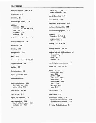 AMCP 706-123
hydrolytic stability, 3-67, 3-74
hydrometer, 3-41
impurities, 5-5
incendiary gun fire test, 3-26
inhibitors
cavitation, 5-11
corrosion, 5-1, 5-4, 5-5, 5-15
foam, 5-1, 5-7
hydrolytic, 5-10
oxidation, 5-1
insoluble material formation, 1-6
instrument lubricant, 4-5
intensifiers, 2-17
isoprene, 3-85
jet-pipe valves, 2-24
Kel-F, 4-8
kinematic viscosity, 3-3, 3-6, 3-7
lacquer formation, 1-6
leaching, 5-5
liners, container, 6-1
Lipkin pycnometer, 3-40
liquid containers, 6-1
liquid contamination, 6-10
Karl Fischer test, 6-11
test for water, 6-11
liquid metals, 4-2, 4-9
liquid springs, 2-44
liquids, non-Newtonian, 3-4
load-carrying tests, 3-64
aircraft turbine lubricant, 3-64
lubricating oils, 3-64
oils at 400° F, 3-64
steam turbine oils, 3-64
load-dividing valves, 2-27
loss coefficients, 2-39
low-pressure spray ignition, 3-24
low-temperature stability, 3-55
low-temperature properties, 3-18
lubrication, 3-57
boundary, 3-57, 3-58
extreme pressure, 3-59
hydrodynamic, 3-57
lubricity, 1-5, 3-59, 5-8
lubricity additives, 5-1, 5-9
marking, hydraulic fluid containers, 6-1
abbreviations, 6-3
cautions, 6-3
colors, 6-2
materials, 6-2
microbiological contamination, 6-7
mineral oils, 3-66, 4-2, 5-3
motors, 1-3, 2-2
crescent seal, 2-14
gear, 2-14
gerotor, 2-14
piston, axial, 2-16
piston, radial, 2-17
piston, rotary, 2-17
rotary, 2-14
spur gear, 2-14
vane, 2-15
natural rubber, 3-85
needle valves, 2-30
neutralization number, 3-70
by color-indicator titration, 3-71
by potentiometric titration, 3-71
Newtonian fluids, definition, 3-4
 