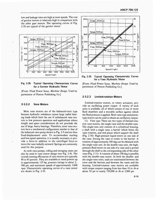 AMCP 706-123
low and leakage rates are high at most speeds. The cost
of gerotor motors is relatively high in comparison with
the other gear motors. The operating curves of Fig.
2-28 are typical of the gerotor motor.
600
500
400
300
200
100
Torque, 1500psi
Torque, IQOOpsi
Flow, '
Flow, lOOOpsi
F
Flow, 200 psi
v
Flbw, 500psi
Torque, 500psi
Torque, 200psi
0 200 400 600 800 1000 1200 1400 1600
Speed (rpm)
Fig. 2-28. Typical Operating Characteristic Curves
for a Gerotor Hydraulic Motor
[From: Fluid Power Issue; Machine Design. Used by
permission of Penton Publishing Co.]
2400
2000
1600
-o 1200
o 800
400
Torque, 2000 psi
Flow,500psi
Flow,1000psi
Torque, 500psi
60
45
90
30 ,T
0 400 800 1200 1600 2000 2400
Speed (rpm)
Fig. 2-29. Typical Operating Characteristic Curves
for a Vane Hydraulic Motor
[From: Fluid Power Issue; Machine Design. Used by
permission of Penton Publishing Co.]
2-3.2.3 Limited-rotation Motors
2-3.2.2 Vane Motors
Most vane motors are of the balanced-rotor type
because hydraulic unbalance causes large radial bear-
ing loads which limit the use of unbalanced vane mo-
tors to low pressure operation and applications where
weight and space considerations do not preclude the
use of large, heavy bearings. Therefore, most vane mo-
tors have a mechanical configuration similar to that of
the balanced vane pump shown in Fig. 2-9 and are thus
fixed-displacement units. To accommodate starting
and low-speed operation, it is usually necessary to pro-
vide a force-in addition to the centrifugal force-to
move the vane radially outward. Springs are commonly
used for this purpose.
As with vane pumps, rolling and swinging vanes can
also be used in vane motor design (see Fig. 2-8). The
overall running efficiencies of vane motors are typically
80 to 85 percent. They are available at rated powers up
to approximately 125 hp, pressure ratings to about 2,-
500 psi, and maximum speeds of approximately 3,000
rpm. Characteristic operating curves of a vane motor
are shown in Fig. 2-29.
Limited-rotation motors, or rotary actuators, pro-
vide an oscillating power output. A variety of such
units is available, all of which consist of one or more
fluid chambers and a movable surface against which
the fluid pressure is applied. Both vane-type and piston-
type motors can be used to obtain an oscillatory output.
(1) Vane type: There are two types of limited-rota-
tion vane motors, the single-vane and the double-vane.
The single-vane unit consists of a cylindrical housing,
a shaft with a single vane, a barrier which limits the
vane rotation, and end pieces which support the shaft
(Fig. 2-30). High-pressure liquid enters on one side of
the vane, forcing the vane to rotate to the barrier. A
rotation ofapproximately 280 deg can be obtained with
the single-vane unit. In the double-vane unit, the high-
pressure fluid enters on one side of a vane and is ported
through the shaft to the corresponding side ofthe other
vane (Fig. 2-31). A rotation of about 100 deg is possible
with the double-vane motor. In both the double- and
the single-vane units, seals are maintained between the
rotor and the barriers and between the vanes and the
housing. Limited-rotation vane motors are available
with torque outputs ranging from less than 10 in.-lb at
about 50 psi to nearly 750,000 in.-lb at 3,000 psi.
2-15
 