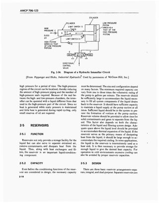 AMCP 706-123
CYLINDER
HIGH
PRESSURE C
,CYLINDER
LIMIT SWITCH G
HIGH-PISTON
(AREA=O.I THAT
OF LOW PRESSURE
PISTON)
LIMIT SWITCH
-4fc
^
-D
rsMT ffi
DIRECTIONAL
CONTROL
VALVE
Xl^Tsön
LOW-PRESSURE
PISTON
'(AREA=10x
THAT OF THE
HIGH-PRESSURE
PISTON)
Fig. 2-34. Diagram of a Hydraulic Intensifier Circuit
2
[From: Pippenger and Hicks, Industrial Hydraulics. Used by permission of McGraw-Hill, Inc.]
high pressure for a period of time. The high-pressure
regions ofthe circuit can be localized, thereby reducing
the amount of high-pressure piping and the number of
high-pressure seals required. Because of the seal be-
tween the high- and low-pressure chambers, the inten-
sifier can be operated with a liquid different from that
used in the high-pressure part of the circuit. Since no
heat is generated while static pressure is maintained
and little heat is generated during rapid cycling, only
small reserves of oil are required.
2-5 RESERVOIRS
2-5.1 FUNCTION
Reservoirs not only provide a storage facility for the
liquid but can also serve to separate entrained air,
remove contaminants, and dissipate heat from the
liquid. Thus, along with heat exchangers and fil-
ters, the reservoir is an important liquid-condition-
ing component.
must be determined. The size and configuration depend
on many factors. The minimum required capacity can
vary from one to three times the volumetric rating of
the pump in gallons per minute. The reservoir should
be sufficiently large to accommodate the liquid neces-
sary to fill all system components if the liquid drains
back to the reservoir. It should have sufficient capacity
to maintain a liquid supply at the pump suction at all
times. Sufficient liquid should be in the system to pre-
vent the formation of vortices at the pump suction.
Reservoir volume should be provided to allow time for
solid contaminants and gases to separate from the liq-
uid. This factor also depends on both the charac-
teristics of the liquid and filtering system design. Ade-
quate space above the liquid level should be provided
to accommodate thermal expansion of the liquid. If the
reservoir serves as the primary means of dissipating
heat from the liquid, it should be large enough to ac-
commodate the required cooling. In some applications,
the liquid in the reservoir is intermittently used as a
heat sink. It is then necessary to provide storage for
enough liquid to give the desired heat capacity. For
operation in cold environments excessive cooling can
also be avoided by proper reservoir capacities.
2-5.2 CAPACITY
Even before the conditioning functions of the reser-
voir are considered in design, the necessary capacity
2-18
2-5.3 DESIGN
There are three basic reservoir arrangements-sepa-
rate, integral, and dual-purpose. Separate reservoirs are
 