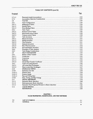 AMCP 706-123
TABLE OF CONTENTS (cont'd)
Paragraph Pa
ge
2-7.1.3 Pneumatic-loaded Accumulators • 2-22
2-7.2 Accumulator Selection Considerations 2-23
2-8 VALVES 2-24
2-8.1 Valve Configurations 2-24
2-8.1.1 Sliding-spool Valves 2-24
2-8.1.2 Seating Valves 2-24
2-8.1.3 Flow-dividing Valves 2-24
2-8.2 Valve Types 2-24
2-8.2.1 Pressure-control Valves 2-26
2-8.2.2 Directional-control Valves 2-28
2-8.2.3 Volume-control Valves 2-30
2-8.3 Valve Actuation 2-31
2-8.3.1 Manual Actuation 2-31
2-8.3.2 Spring Actuation 2-31
2-8.3.3 Cam Actuation 2-31
2-8.3.4 Solenoid Actuation 2-31
2-8.3.5 Pilot Fluid Actuation 2-32
2-8.3.6 Servomechanism Actuation 2-32
2-8.4 Principles of Valve Analysis 2-32
2-8.5 Valve Design Considerations 2-33
2-9 HEAT EXCHANGERS 2-35
2-9.1 Modes of Heat Transfer 2-35
2-9.1.1 Conduction 2-35
2-9.1.2 Convection 2-35
2-9.1.3 Radiation 2-36
2-9.1.4 Overall Heat Transfer Coefficient 2-36
2-9.2 Types of Cooling Systems 2-36
2-9.2.1 Air-cooled Heat Exchangers 2-37
2-9.2.2 Water-cooled Heat Exchangers 2-37
2-10 HYDRAULIC PIPING 2-38
2-10.1 Hydraulic Line Size 2-38
2-10.1.1 Pressure Drop 2-38
2-10.1.2 Pressure Surges 2-39
2-10.1.3 Pipe and Tubing Sizes 2-39
2-10.2 Hose, Tubing, and Pipe Fittings 2-39
2-11 SHOCK ABSORBERS 2-39
2-11.1 Hydraulic Shock Absorbers ; 2-40
2-11.2 Hydropneumatic Shock Absorbers 2-41
2-11.3 Hydraulic Fluid Properties Pertinent to Shock Absorbers 2-44
2-12 LIQUID SPRINGS 2-44
REFERENCES 2-44
CHAPTER 3
FLUID PROPERTIES, SIGNIFICANCE, AND TEST METHODS
3-0 LIST OF SYMBOLS 3-1
3-1 GENERAL 3-1
 