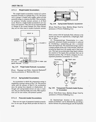 AMCP 706-123
2-7.1.1 Weight-loaded Accumulators
The weight-loaded accumulator consists of a piston
mounted vertically in a cylinder (Fig. 2-37). The piston
rod or plunger is loaded with weights which provide
potential energy to compress the fluid. This accumula-
tor produces virtually constant pressure at all fluid
levels. However, weight-loaded accumulators are very
heavy and expensive. They also do not respond quickly
to changes in the system demand. For these reasons,
they are not often used in modern hydraulic systems.
WEIGHT W
CYLINDER
PACKING P
RAM
DIAMETER
■ X—->
PRESSURIZED
-;-;-2 FLUID :-i-z-
CHECK VALVE V
FROM SOURCE
OF FLUID
UNDER PRESSURE
CYLINDER C
Sg:----------r--Hy—TO WORK LOAD
Fig. 2-37- Weight-loaded Hydraulic Accumulator
2
[From: Pippenger and Hicks, Industrial Hydraulics.
Used by permission of McGraw-Hill, Inc.]
2-7.1.2 Spring-loaded Accumulators
An accumulator in which the compression energy is
supplied by a spring is shown in Fig. 2-38. The pressure
varies with the amount of fluid in the accumulator
since the spring force depends on displacement. Al-
though such spring-loaded devices are easy to main-
tain, they are relatively bulky and costly. Most applica-
tions are for low-volume, low-pressure systems.
2-7.1.3 Pneumatic-loaded Accumulators
There are two types of pneumatic-loaded accumula-
tors. In one type, the gas which provides the load is in
Fig. 2-38. Spring-loaded Hydraulic Accumulator
[From: Fluid Power Issue; Machine Design. Used by
permission of Penton Publishing Co.]
direct contact with the hydraulic fluid, whereas in the
second type they are separated by a diaphragm, blad-
der, or piston.
(1) Nonseparated-type: Pressurization in a non-
separated, pneumatic-loaded accumulator is achieved
by introducing a pressurizing gas into a container
above the liquid level. The pressurized storage vessel is
a simple example ofthis type. Limit switches, which are
actuated by liquid level, are usually used to limit pres-
sure. This type can accommodate large liquid volumes,
but aeration of the liquid often precludes their use in
hydraulic systems. Fig. 2-39 shows a diagram ofa non-
separated pneumatic accumulator in a circuit.
Accumulator,
Shop air
Relief valve
Cjh level
switch
Low level
switch
Fig. 2-39.
To
f switch
Closing
valve
Nonseparated Pneumatic-loaded Hydrau-
lic Accumulator
[From: Fluid Power Issue; Machine Design. Used by
permission of Penton Publishing Co.]
(2) Separated-type: Aeration in the pneumatic-
loaded accumulator can be eliminated by providing a
barrier between the pressurizing gas and the hydraulic
2-22
 