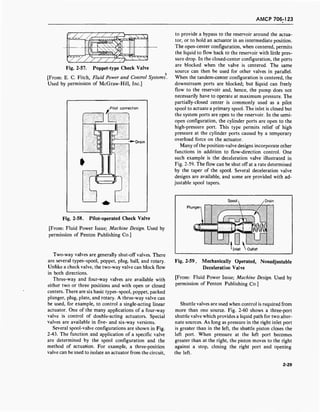 AMCP 706-123
Fig. 2-57. Poppet-type Check Valve
[From: E. C. Fitch, Fluid Power and Control Systems.
Used by permission of McGraw-Hill, Inc.]
/Pilot connection
Jf- , 1
■Drain
Fig. 2-58. Pilot-operated Check Valve
[From: Fluid Power Issue; Machine Design. Used by
permission of Penton Publishing Co.]
Two-way valves are generally shut-off valves. There
are several types-spool, poppet, plug, ball, and rotary.
Unlike a check valve, the two-way valve can block flow
in both directions.
Three-way and four-way valves are available with
either two or three positions and with open or closed
centers. There are six basic types-spool, poppet, packed
plunger, plug, plate, and rotary. A three-way valve can
be used, for example, to control a single-acting linear
actuator. One of the many applications of a four-way
valve is control of double-acting actuators. Special
valves are available in five- and six-way versions.
Several spool-valve configurations are shown in Fig.
2-43. The function and application of a specific valve
are determined by the spool configuration and the
method of actuation. For example, a three-position
valve can be used to isolate an actuator from the circuit,
to provide a bypass to the reservoir around the actua-
tor, or to hold an actuator in an intermediate position.
The open-center configuration, when centered, permits
the liquid to flow back to the reservoir with little pres-
sure drop. In the closed-center configuration, the ports
are blocked when the valve is centered. The same
source can then be used for other valves in parallel.
When the tandem-center configuration is centered, the
downstream ports are blocked; but liquid can freely
flow to the reservoir and, hence, the pump does not
necessarily have to operate at maximum pressure. The
partially-closed center is commonly used as a pilot
spool to actuate a primary spool. The inlet is closed but
the system ports are open to the reservoir. In the semi-
open configuration, the cylinder ports are open to the
high-pressure port. This type permits relief of high
pressure at the cylinder ports caused by a temporary
overload force on the actuator.
Many of the position-valve designs incorporate other
functions in addition to flow-direction control. One
such example is the deceleration valve illustrated in
Fig. 2-59. The flow can be shut off at a rate determined
by the taper of the spool. Several deceleration valve
designs are available, and some are provided with ad-
justable spool tapers.
Fig. 2-59. Mechanically Operated, Nonadjustable
Deceleration Valve
[From: Fluid Power Issue; Machine Design. Used by
permission of Penton Publishing Co.]
Shuttle valves are used when control is required from
more than one source. Fig. 2-60 shows a three-port
shuttle valve which provides a liquid path for two alter-
nate sources. As long as pressure in the right inlet port
is greater than in the left, the shuttle piston closes the
left port. When pressure at the left port becomes
greater than at the right, the piston moves to the right
against a stop, closing the right port and opening
the left.
2-29
 