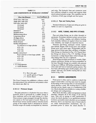 AMCP 706-123
TABLE 2-1.
LOSS COEFFICIENTS OF HYDRAULIC SYSTEMS1
Flow Line Element Loss Coefficient, K
Globe valve, wide open 10.0
Angle valve, wide open 5.0
Gate valve, wide open 0.19
1/4 closed 1.15
1/2 closed 5.6
3/4 closed 24.0
Standard T 1.8
Standard elbow 0.9
Medium-sweep elbow 0.75
Long-sweep elbow 0.60
45-degree elbow 0.42
Close return bend 2.2
Borda entrance 0.83
Sudden enlargement:f
To reservoir or to large cylinder 1.0
d/D= 1/4 0.92
d/D = 1/2 0.56
d/D =3/4 0.19
Sudden contraction:!
From reservoir or from large cylinder 0.5
d/D = 1/4 0.42
d/D =1/2 0.33
d/D =31A 0.19
f D = large diameter
d = small diameter
G = flow rate, gpm
s = specific gravity of liquid
/= friction factor
The Crane Company has published a reference which
discusses pressure loss calculations and presents valua-
ble related data (Ref. 6).
2-10.1.2 Pressure Surges
The peak pressures in a hydraulic line occur when a
hydraulic shock is generated by a sudden change in
flow conditions such as the rapid closing of a valve.
These pressure surges propagate through the distribu-
tion system at the local speed of sound. They are re-
flected from various internal surfaces until the kinetic
energy of the- original shock is dissipated by friction.
Pressure surges are usually accompanied by vibration
and noise. The hydraulic lines and connectors must
have sufficient strength to contain and suppress these
shock-induced pressure surges. This capability may be
a function of both pipe strength and line layout.
2-10.1.3 Pipe and Tubing Sizes
Standard dimensions of pipe and tubing are given in
Tables 2-2 and 2-3, respectively.
2-10.2 HOSE, TUBING, AND PIPE FITTINGS
Pipe and tubing fittings can be either threaded or
permanent. Permanent methods include various forms
of brazing, welding, swaging, and adhesive bonding.
Such assembly methods are applied where low initial
cost, reliability, and weight are important factors.
Threaded pipe-fitting techniques include tapered
pipe threads, flanges, SAE O-ring ports, and straight-
thread ports with metal seals. Nonthreaded tube fit-
tings can be of three types-flare, self-flare, or flareless.
Flare fittings are illustrated in Fig. 2-74. Typical flare-
less fittings are shown in Fig. 2-75. Self-flare fittings
incorporate a wedge-shaped sleeve which enlarges the
tube ending when the nut is tightened.
Hose fittings are either permanent or reusable. High-
pressure permanent fittings are factory-assembled on
the hose. Reusable fittings are available with pressure
ratings up to 5,000 psi. Self-sealing couplings are some-
times used with hose in hydraulic piping systems. The
four basic self-sealing types-double poppet, sleeve and
poppet, slide-seal, and double rotating ball-are illus-
trated in Fig. 2-76.
2-11 SHOCK ABSORBERS
Fluid power is often used to cushion or absorb the
impact caused when a moving mass must be stopped.
If the energy of the moving mass is to be dissipated, a
shock absorber is used. The working fluid in a shock
absorber can be a liquid, a gas, or a combination of the
two. Shock absorbers are available in a variety ofdiffer-
ent designs and configurations.
Most shock absorbers, called nonregenerative shock
absorbers, dissipate all of the energy of the moving
mass. They rely on springs or other mechanisms to
return the shock absorber to an equilibrium position.
Common automobile shock absorbers are an example.
However, there is an important class of shock absorb-
ers, called hydropneumatic mechanisms, that use
pneumatic power to return the shock absorber to
2-39
 