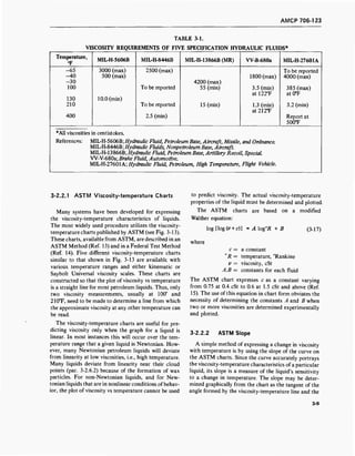 AMCP 706-123
TABLE 3-1.
VISCOSITY REQUIREMENTS OF FIVE SPECIFICATION HYDRAULIC FLUIDS*
Temperature,
°F
MIL-H-5606B MIL-H-8446B MIL-H-13866B (MR) W-B-680a MIL-H-27601A
-65 3000 (max) 2500 (max) To be reported
-40 500 (max) 1800(max) 4000 (max)
-30 4200(max)
100 To be reported 55 (min) 3.5 (min)
at 122°F
385 (max)
at0°F
130 10.0 (min)
210 To be reported 15 (min) 1.3 (min)
at 212°F
3.2 (min)
400 2.5 (min) Report at
500°F
n centistokes.*AU viscosities l
References: MIL-H-5606B; Hydraulic Fluid, Petroleum Base, Aircraft, Missile, and Ordnance.
MIL-H-8446B; Hydraulic Fluids, Nonpetroleum Base, Aircraft.
MIL-H-13866B; Hydraulic Fluid, Petroleum Base, Artillery Recoil, Special
W-V-680a;Brake Fluid, Automotive.
MlL-H-2760A; Hydraulic Fluid, Petroleum, High Temperature, Flight Vehicle.
3-2.2.1 ASTM Viscosity-temperature Charts
Many systems have been developed for expressing
the viscosity-temperature characteristics of liquids.
The most widely used procedure utilizes the viscosity-
temperature charts published by ASTM (see Fig. 3-13).
These charts, available from ASTM, are described in an
ASTM Method (Ref. 13) and in a Federal Test Method
(Ref. 14). Five different viscosity-temperature charts
similar to that shown in Fig. 3-13 are available with
various temperature ranges and either kinematic or
Saybolt Universal viscosity scales. These charts are
constructed so that the plot of viscosity vs temperature
is a straight line for most petroleum liquids. Thus, only
two viscosity measurements, usually at 100° and
210°F, need to be made to determine a line from which
the approximate viscosity at any other temperature can
be read.
The viscosity-temperature charts are useful for pre-
dicting viscosity only when the graph for a liquid is
linear. In most instances this will occur over the tem-
perature range that a given liquid is Newtonian. How-
ever, many Newtonian petroleum liquids will deviate
from linearity at low viscosities, i.e., high temperature.
Many liquids deviate from linearity near their cloud
points (par. 3-2.6.2) because of the formation of wax
particles. For non-Newtonian liquids, and for New-
tonian liquids that are in nonlinear conditions ofbehav-
ior, the plot of viscosity vs temperature cannot be used
to predict viscosity. The actual viscosity-temperature
properties of the liquid must be determined and plotted.
The ASTM charts are based on a modified
Walther equation:
log [log(i> + c)] = A log°R + B (3-17)
where
c = a constant
° R = temperature, °Rankine
V = viscosity, cSt
A,B = constants for each fluid
The ASTM chart expresses c as a constant varying
from 0.75 at 0.4 cSt to 0.6 at 1.5 cSt and above (Ref.
15). The use of this equation in chart form obviates the
necessity of determining the constants A and B when
two or more viscosities are determined experimentally
and plotted.
3-2.2.2 ASTM Slope
A simple method of expressing a change in viscosity
with temperature is by using the slope of the curve on
the ASTM charts. Since the curve accurately portrays
the viscosity-temperature characteristics of a particular
liquid, its slope is a measure of the liquid's sensitivity
to a change in temperature. The slope may be deter-
mined graphically from the chart as the tangent of the
angle formed by the viscosity-temperature line and the
3-9
 
