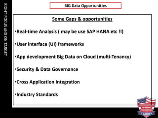 RIGHTFOCUSANDONTARGET
BIG Data Opportunities
Some Gaps & opportunities
•Real-time Analysis ( may be use SAP HANA etc !!)
•User interface (UI) frameworks
•App development Big Data on Cloud (multi-Tenancy)
•Security & Data Governance
•Cross Application Integration
•Industry Standards
 