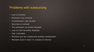 Problems with outsourcing
• LOSS OF CONTROL
• INCREASED CASH OUTFLOW
• CONFIDENTIALITY AND SECURITY
• SELECTION OF SUPPLIER
• TOO DEPENDENT ON SERVICE PROVIDER
• LOSS OF STAFF OR MORAL PROBLEMS
• TIME CONSUMING
• PROVIDER MAY NOT UNDERSTAND BUSINESS ENVIRONMENT
• PROVIDER SLOW TO REACT TO CHANGES IN STRATEGY
10
 