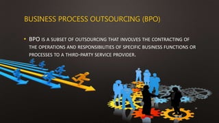 BUSINESS PROCESS OUTSOURCING (BPO)
• BPO IS A SUBSET OF OUTSOURCING THAT INVOLVES THE CONTRACTING OF
THE OPERATIONS AND RESPONSIBILITIES OF SPECIFIC BUSINESS FUNCTIONS OR
PROCESSES TO A THIRD-PARTY SERVICE PROVIDER.
14
 