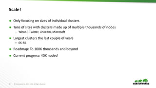 23 © Hortonworks Inc. 2011 – 2016. All Rights Reserved
Scale!
 Only focusing on sizes of individual clusters
 Tons of sites with clusters made up of multiple thousands of nodes
– Yahoo!, Twitter, LinkedIn, Microsoft
 Largest clusters the last couple of years
– 6K-8K
 Roadmap: To 100K thousands and beyond
 Current progress: 40K nodes!
 