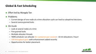 25 © Hortonworks Inc. 2011 – 2016. All Rights Reserved
Global & Fast Scheduling
 Effort led by Wangda Tan
 Problems
– Current design of one-node-at-a-time allocation cycle can lead to suboptimal decisions.
– Several coarse grained locks
 On trunk
– Look at several nodes at a time
– Fine grained locks
– Multiple allocator threads
– YARN scheduler can allocate 3k+ containers per second ≈ 10 mil allocations / hour!
– 10X throughput gains with enhancement added recently
– Opportunities for better placement
 
