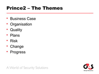 Prince2 – The Themes
 Business Case
 Organisation
 Quality
 Plans
 Risk
 Change
 Progress
 
