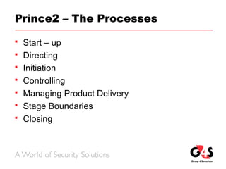 Prince2 – The Processes
 Start – up
 Directing
 Initiation
 Controlling
 Managing Product Delivery
 Stage Boundaries
 Closing
 