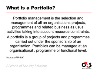 What is a Portfolio?
Portfolio management is the selection and
management of all an organisations projects,
programmes and related business as usual
activities taking into account resource constraints.
A portfolio is a group of projects and programmes
carried out under the sponsorship of an
organisation. Portfolios can be managed at an
organisational , programme or functional level.
Source: APM BoK
 
