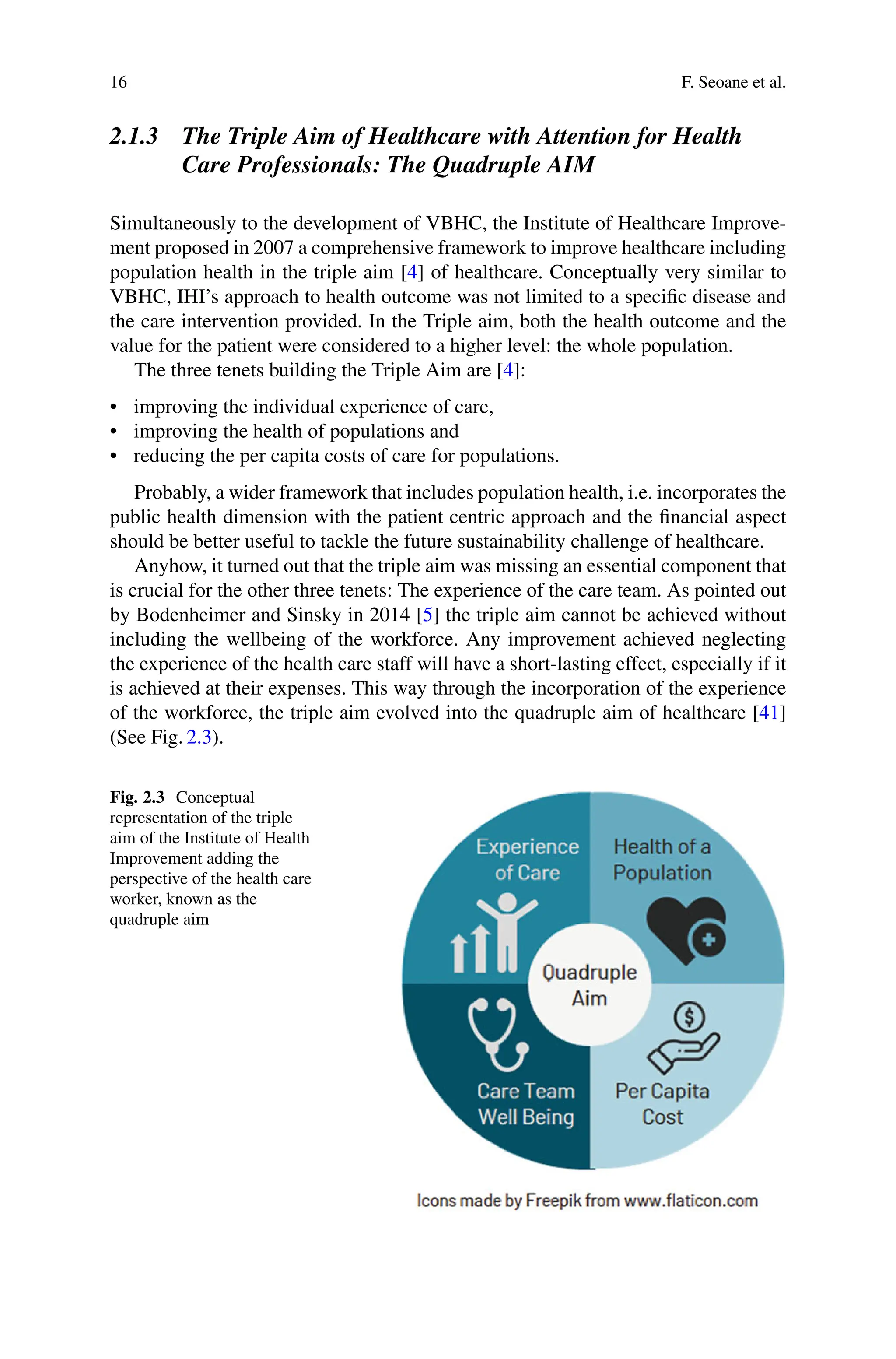 16 F. Seoane et al.
2.1.3 The Triple Aim of Healthcare with Attention for Health
Care Professionals: The Quadruple AIM
Simultaneously to the development of VBHC, the Institute of Healthcare Improve-
ment proposed in 2007 a comprehensive framework to improve healthcare including
population health in the triple aim [4] of healthcare. Conceptually very similar to
VBHC, IHI’s approach to health outcome was not limited to a specific disease and
the care intervention provided. In the Triple aim, both the health outcome and the
value for the patient were considered to a higher level: the whole population.
The three tenets building the Triple Aim are [4]:
• improving the individual experience of care,
• improving the health of populations and
• reducing the per capita costs of care for populations.
Probably, a wider framework that includes population health, i.e. incorporates the
public health dimension with the patient centric approach and the financial aspect
should be better useful to tackle the future sustainability challenge of healthcare.
Anyhow, it turned out that the triple aim was missing an essential component that
is crucial for the other three tenets: The experience of the care team. As pointed out
by Bodenheimer and Sinsky in 2014 [5] the triple aim cannot be achieved without
including the wellbeing of the workforce. Any improvement achieved neglecting
the experience of the health care staff will have a short-lasting effect, especially if it
is achieved at their expenses. This way through the incorporation of the experience
of the workforce, the triple aim evolved into the quadruple aim of healthcare [41]
(See Fig. 2.3).
Fig. 2.3 Conceptual
representation of the triple
aim of the Institute of Health
Improvement adding the
perspective of the health care
worker, known as the
quadruple aim
 