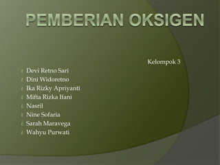 Kelompok 3
ἓ Devi Retno Sari
ἓ Dini Widoretno
ἓ Ika Rizky Apriyanti
ἓ Mifta Rizka Ifani
ἓ Nasril
ἓ Nine Sofaria
ἓ Sarah Maravega
ἓ Wahyu Purwati
 