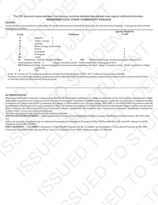 This PDF documentmaybe validated. A printed copy cannotbe validated. See attached cover page for additional information.
MISSISSIPPI GULF COAST COMMUNITY COLLEGE
GRADES
Grades are based uponproficiency attained by the student demonstrated primarily by the quality of work done inthe classroom. Letter gradesused and their
meaning are as follows:
A Superior 4
B Above average 3
C Average 2
D Below average achievement 1
F Failure 0
I Incomplete 0
IP In Progress 0
AU Audit 0
W Withdrawal - Student officially withdrew 0 WP Withdrawal Passing - Studentdropped by instructorfor
noncompliance withthe 0 college’s attendance policy. Work completedat a passing grade level.
WF Withdrawal Failing - Student dropped by instructorfornoncompliance withthe 0 college’s attendance policy. Work completedat a failing
grade level.
P Pass 0
Inthe “R” column, an“E” means the grade was excluded fromthe calculationof GPA. An“I”indicates the grade was included.
Students are academically eligible forreadmissionunless otherwise stated. Students onacademicsuspensionmustremainout of school forone full-term
or meet the criteria forreinstatement throughappeal.
ACCREDITATION
Mississippi Gulf Coast Community College is accredited by the Mississippi Commission on College Accreditation and by the Southern Association of Colleges
and Schools CommissiononColleges to award Associate of Artsdegrees, Associate of Applied Science degrees, certificates,and diplomas. Contact the Southern
Association of Colleges and Schools Commission on Colleges at 1866 Southern Lane, Decatur, Georgia 30033-4097 or call 404-679-4500 for questions about the
accreditationof Mississippi Gulf Coast Community College. The SouthernAssociationof Colleges and SchoolsCommissiononColleges may be contacted only if
there is evidence that Mississippi Gulf Coast Community College is significantly non-compliant with a requirement or standard. Accreditation standards are
located at http://www.sacscoc.org/principles.asp.
The following programs hold specialized professional accreditation:
ASSOCIATE DEGREE NURSING — Mississippi Boardof Trustees of State Institutionsof Higher Learning, 3825Ridgewood Road, Jackson, MS 39211 (601-
432-
6486) and nationally accreditedby the AccreditationCommissionforEducationinNursing (ACEN),3343Peachtree Road NE, Suite 850, Atlanta,GA 30326,
Telephone number 404-975-5000.
EMS‐PARAMEDIC — (CAAHEP) Commission of Allied Health Programs and the Committee on Accreditation of Educational Programs for the EMS
Professions (CoAEMSP), 8301 Lakeview Pkwy, Suite 111‐312 Rowlett, Texas 75088, Telephone numbe r 214-703-8445.
Grade Definition
Quality Points Per
Credit
 
