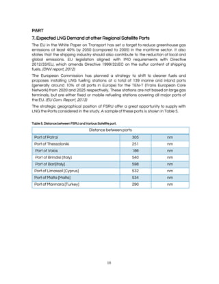  
PART 
7. Expected LNG Demand at other Regional Satellite Ports 
The EU in the White Paper on Transport has set a target to reduce greenhouse gas                               
emissions at least 40% by 2050 (compared to 2005) in the maritime sector. It also                             
states that the shipping industry should also contribute to the reduction of local and                           
global emissions. EU legislation aligned with IMO requirements with Directive                   
2012/33/EU, which amends Directive 1999/32/EC on the sulfur content of shipping                     
fuels. ​(DNV report, 2012) 
The European Commission has planned a strategy to shift to cleaner fuels and                         
proposes installing LNG fueling stations at a total of 139 marine and inland ports                           
(generally around 10% of all ports in Europe) for the TEN-T (Trans European Core                           
Network) from 2020 and 2025 respectively. These stations are not based on large gas                           
terminals, but are either fixed or mobile refueling stations covering all major ports of                           
the EU. ​(EU Com. Report, 2013) 
The strategic geographical position of FSRU offer a great opportunity to supply with                         
LNG the Ports considered in the study. A sample of these ports is shown in Table 5. 
 
Table 5. Distance between FSRU and Various Satellite port. 
Distance between ports 
Port of Patrai 305  nm 
Port of Thessaloniki 251  nm 
 Port of Volos 186  nm 
 Port of Brindisi [Italy] 540  nm 
 Port of Bari[Italy] 598  nm 
Port of Limassol [Cyprus] 532  nm 
Port of Malta [Malta] 534  nm 
Port of Marmara [Turkey] 290  nm 
 
 
 
   
18 
 
