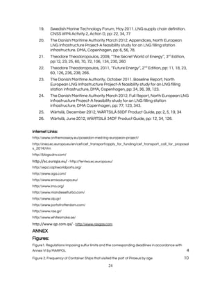  
19. Swedish Marine Technology Forum, May 2011. LNG supply chain definition. 
CNSS WP4 Activity 2, Action D, pp: 22, 34, 77   
20. The Danish Maritime Authority March 2012. Appendices, North European 
LNG Infrastructure Project-A feasibility study for an LNG filling station 
infrastructure. DMA, Copenhagen, pp: 6, 56, 78.  
21. Theodore Theodoropoulos, 2009, ‘’The Secret World of Energy’’, 3​rd​
 Edition, 
pp:12, 23, 25, 60, 70, 72, 106, 134, 230, 260 
22. Theodore Theodoropoulos, 2011, ‘’Future Energy’’, 2​nd​
 Edition, pp: 11, 18, 23, 
60, 126, 236, 238, 266.  
23. The Danish Maritime Authority, October 2011. Baseline Report, North 
European LNG Infrastructure Project-A feasibility study for an LNG filling 
station infrastructure, DMA, Copenhagen, pp: 34, 36, 38, 123. 
24. The Danish Maritime Authority March 2012. Full Report, North European LNG 
Infrastructure Project-A feasibility study for an LNG filling station 
infrastructure, DMA Copenhagen, pp: 77, 123, 343. 
25. W​ä​rtsil​ä​, December 2012, W​Ä​RTSIL​Ä ​50DF Product Guide, pp: 2, 5, 19, 34 
26. W​ä​rtsil​ä​, June 2012, W​Ä​RTSIL​Ä ​34DF Product Guide, pp: 12, 34, 126. 
 
Internet Links: 
http://www.onthemosway.eu/poseidon-med-lng-european-project/ 
http://inea.ec.europa.eu/en/cef/cef_transport/apply_for_funding/cef_transport_call_for_proposal
s_2014.htm 
http://blogs.dnv.com/ 
http://ec.europa.eu/​ - http://tentea.ec.europa.eu/ 
http://wpci.iaphworldports.org/ 
http://www.aga.com/ 
http://www.emsa.europa.eu/ 
http://www.imo.org/ 
http://www.mandieselturbo.com/ 
http://www.olp.gr/ 
http://www.portofrotterdam.com/ 
http://www.rae.gr/ 
http://www.whitesmoke.se/ 
http://www.qp.com.qa/​ - ​http://www.rasgas.com 
ANNEX 
Figures:  
Figure1. Regulations imposing sulfur limits and the corresponding deadlines in accordance with 
Annex VI by MARPOL 4 
Figure 2. Frequency of Container Ships that visited the port of Piraeus by age 10 
24 
 