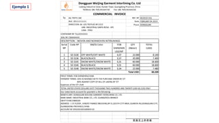 To ALL TEXTIL SAC REF. Nº: WJ2019-555
RUC: 20111111111 Date: FEBRUARY 04 2019
Place: DONGGUAN
DESCRIPTION: : WOVEN AND NONWOVEN INTERLININGS
Serial
Nº
Code Nº SM/DJ Color FOB
SHENZHEN
USD/MT
QTY
(Meter)
TOTAL
(USD)
1 SD 3130 OFF WHITE/OFF WHITE 0,37 22.000 8.140
2 SD 3136 BLACK/BLACK 0,37 20.000 7.400
3 SD 3145 SNOW WHITE/SNOW WHITE 0,31 60.000 18.600
4 SD 3146 BLACK/BLACK 0,31 60.000 18.600
5 SD 3148 SNOW WHITE/SNOW WHITE 0,34 22.000 7.480
Total USD: 60.220
TOTAL UNITED STATES DOLLARS SIXTY THOUSAND TWO HUNDRED AND TWENTY (USD 60.220) ONLY
Our latest bank account for payment is the following:
PRICE TERMS: FOB SHENZHEN,CHINA
PAYMENT TERMS: 20% IN ADVANCE WITH THE PURCHASE ORDER BY T/T
80% AGAINST COPY OF BILL OF LADING BY T/T
Expenses of the T/T: OUR
BENEFICIARY: DONGGUAN WEIJING GARMENT INTERLINING CO. LTD
BANK NAME: INDUSTRIAL BANK CO., LTD. GUANGZHOU BRANCH
SWIFT:FJIBCCNBA500
ADDRESS: 1 ST.FLOOR , XINGYE FINANCE BBUIDING,Nº 31,SOUTH CITY AREA, GUANTAI RD,DONGGUAN CITY,
GUANGDONG PROVINCE,CHINA
ACCOUNT Nº 395030100100004110
至高无上的老板
Dongguan Weijing Garment Interlining Co. Ltd
Ludong Industrial Zone, Humen Town, Guangdong Province, China
Teléfono: (86 769) 85564730 Fax: (86 769) 85564250
COMMERCIAL INVOICE
DIRECCION: AV. LOS TEXTILES Nº 2222
URB. INDUSTRIAL SANTA ROSA - ATE
LIMA - PERU
CONTAINER Nº: TLLU5555555
SEAL Nº: CNAA44444
Ejemplo 1
 