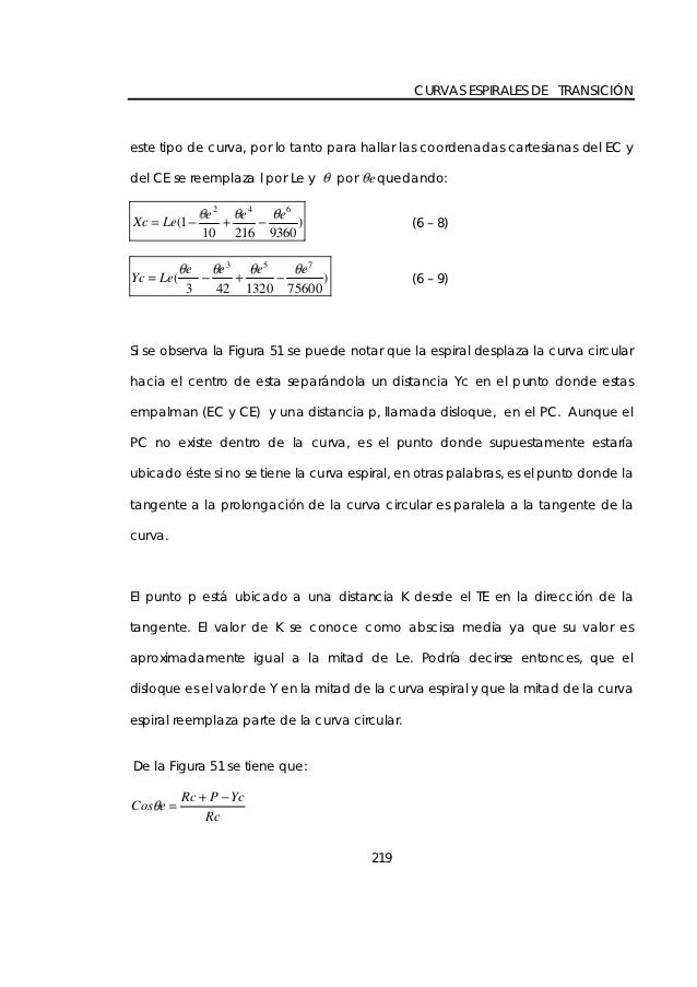 CURVAS ESPIRALES DE TRANSICIÃ“Neste tipo de curva, por lo tanto para hallar las coordenadas cartesianas del EC ydel CE se r...
