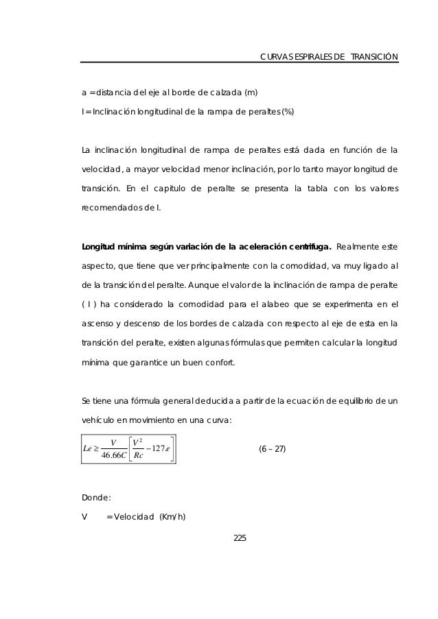 CURVAS ESPIRALES DE TRANSICIÃ“Na = distancia del eje al borde de calzada (m)I = InclinaciÃ³n longitudinal de la rampa de per...