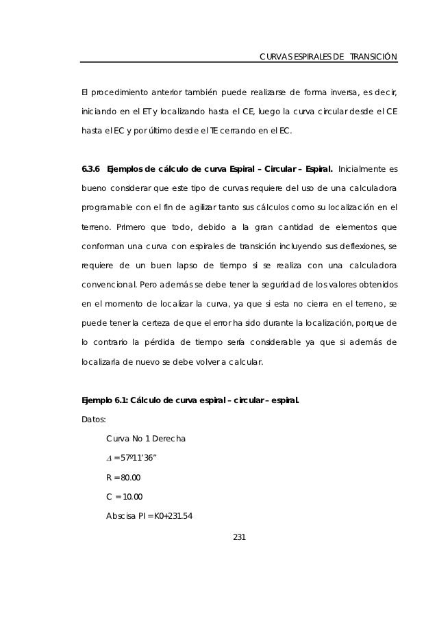 CURVAS ESPIRALES DE TRANSICIÓNEl procedimiento anterior también puede realizarse de forma inversa, es decir,iniciando en e...