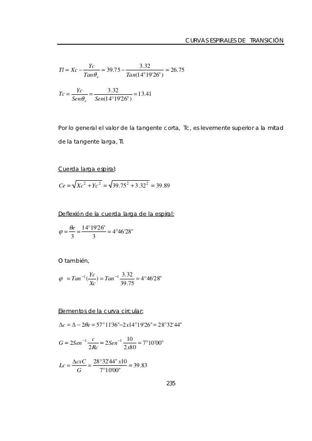 CURVAS ESPIRALES DE TRANSICIÓN              Yc                          3.32Tl   Xc                 39.75                 ...