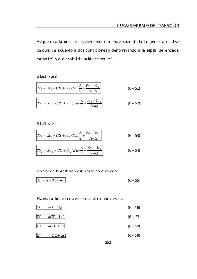 CURVAS ESPIRALES DE TRANSICIÃ“NAsÃ­ para cada uno de los elementos con excepciÃ³n de la tangente la cual secalcula de acuerdo...