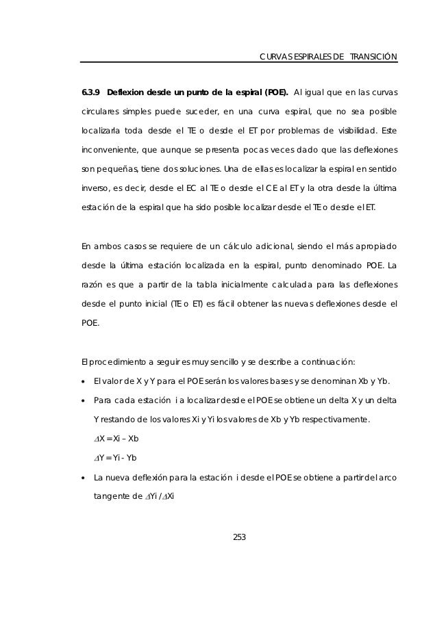 CURVAS ESPIRALES DE TRANSICIÃ“N6.3.9     Deflexion desde un punto de la espiral (POE). Al igual que en las curvascirculares...