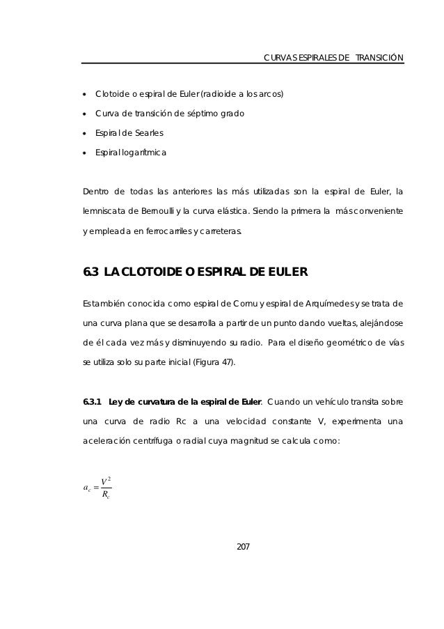 CURVAS ESPIRALES DE TRANSICIÃ“N     Clotoide o espiral de Euler (radioide a los arcos)     Curva de transiciÃ³n de sÃ©ptimo g...