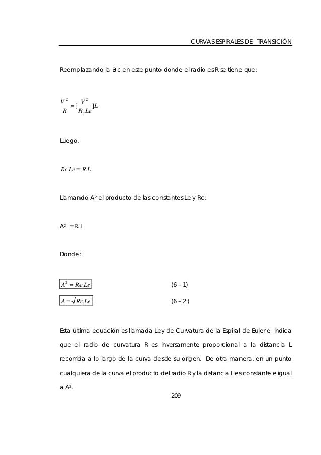 CURVAS ESPIRALES DE TRANSICIÃ“NReemplazando la ac en este punto donde el radio es R se tiene que:V2          V2        [   ...