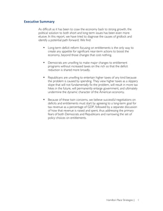 Executive	
  Summary	
  

           As difficult as it has been to coax the economy back to strong growth, the
           political solution to both short and long term issues has been even more
           elusive. In this report, we have tried to diagnose the causes of gridlock and
           identify a potential path forward. We find:

              •   Long-term deficit reform focusing on entitlements is the only way to
                  create any appetite for significant near-term actions to boost the
                  economy, beyond those changes that cost nothing.

              •   Democrats are unwilling to make major changes to entitlement
                  programs without increased taxes on the rich so that the deficit
                  reduction is shared more broadly.

              •   Republicans are unwilling to entertain higher taxes of any kind because
                  the problem is caused by spending. They view higher taxes as a slippery
                  slope that will not fundamentally fix the problem, will result in more tax
                  hikes in the future, will permanently enlarge government, and ultimately
                  undermine the dynamic character of the American economy.

              •   Because of these twin concerns, we believe successful negotiations on
                  deficits and entitlements must start by agreeing to a long-term goal for
                  tax revenue as a percentage of GDP, followed by a separate discussion
                  of how that revenue is raised and spent, thus addressing the primary
                  fears of both Democrats and Republicans and narrowing the set of
                  policy choices on entitlements.	
  




                                                                   Hamilton Place Strategies |   1
 